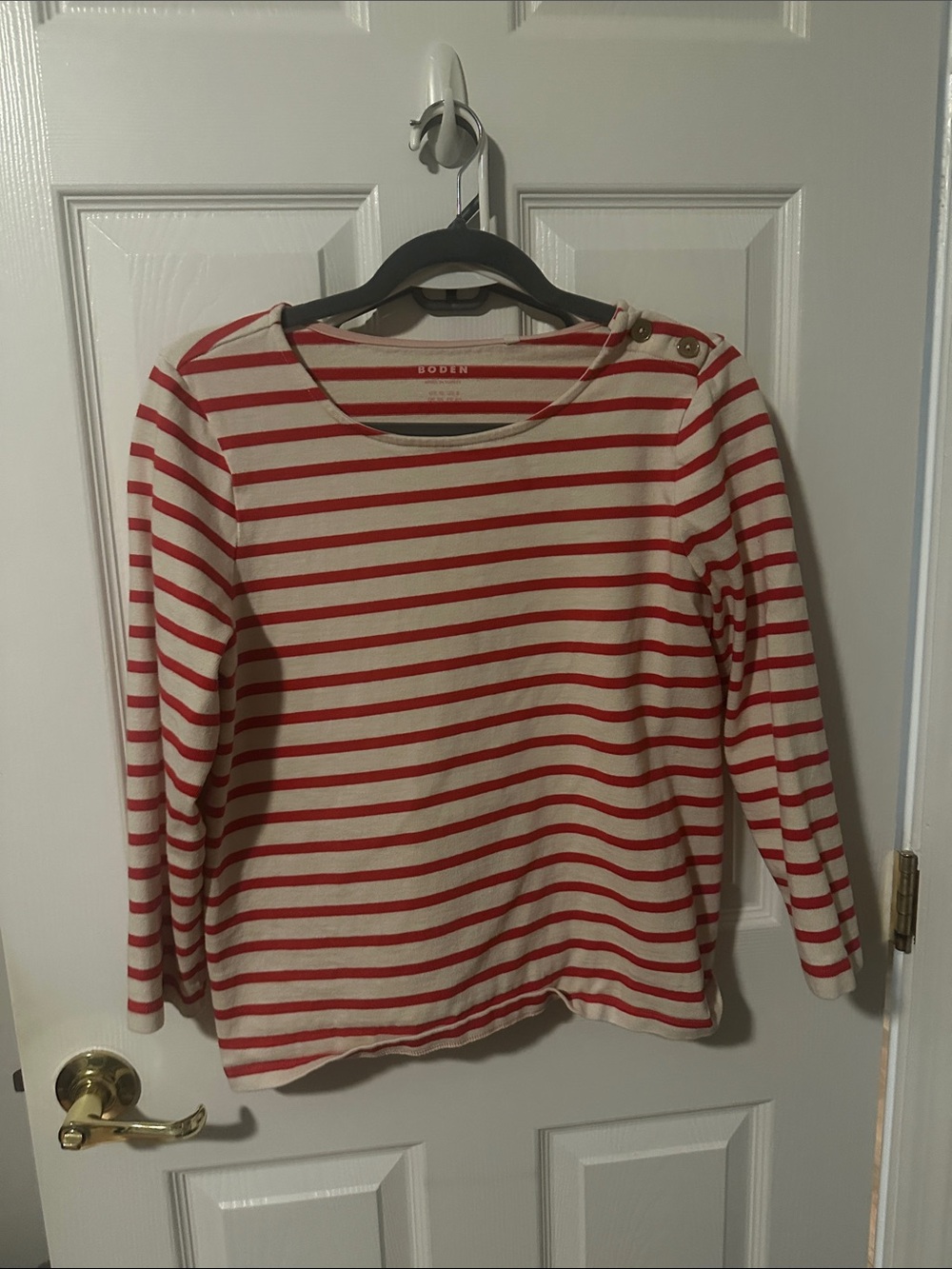 Boden Red & Cream Striped Long-Sleeve Boatneck with Shoulder Buttons